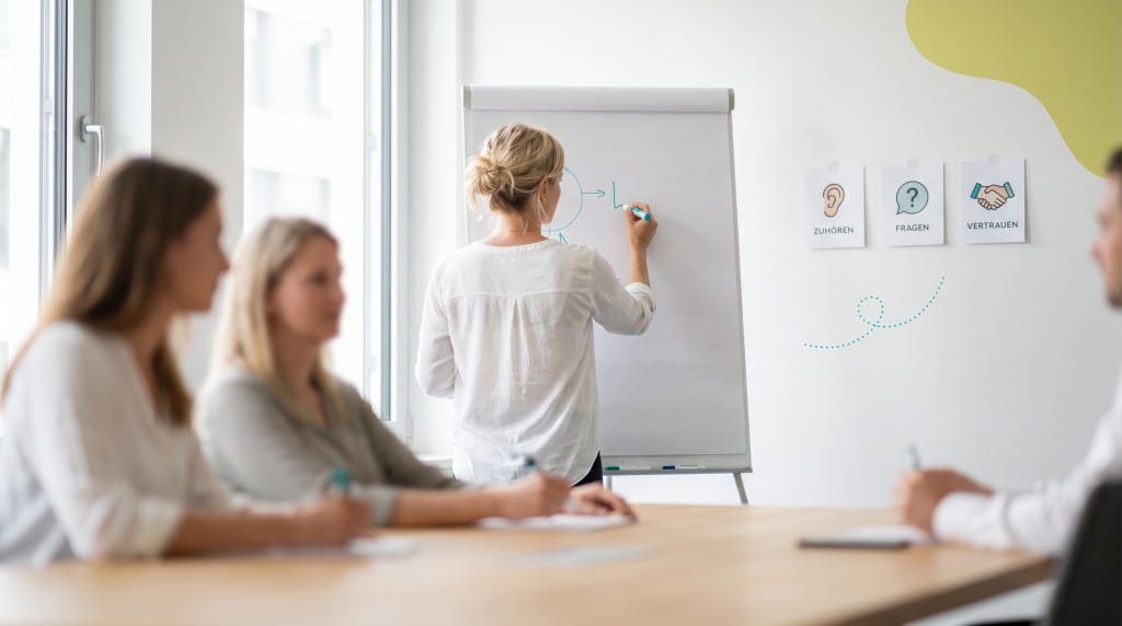 Vertriebstraining in Bremen: Trainerin erklärt am Flipchart vor Teilnehmenden